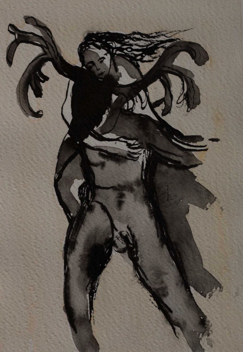Älgritt, Hirviratsastus, Elk ride, Aquarelle and ink on paper 39*30cm