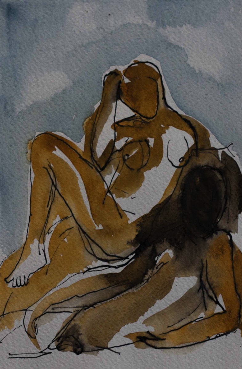 Brevid mig, Vierelläni, Next to me, Aquarelle and ink on paper 39*30cm