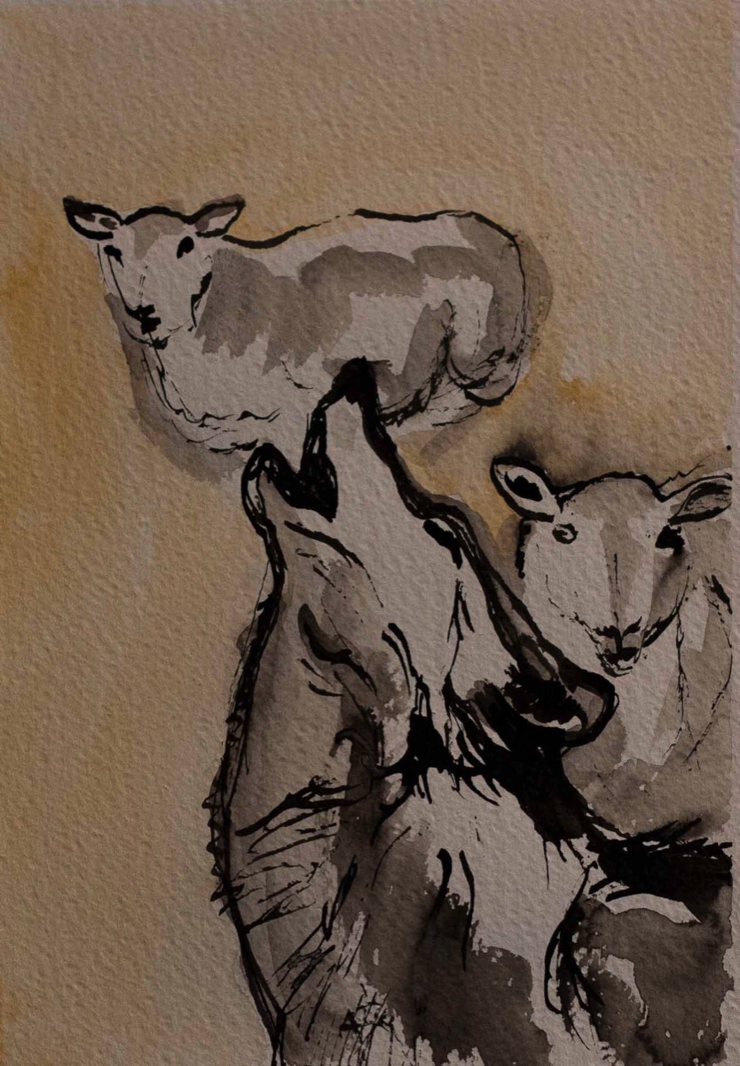 Lamm och varg, Lampaat ja susi, Lambs and wolf, Aquarelle and ink on paper 39*30cm