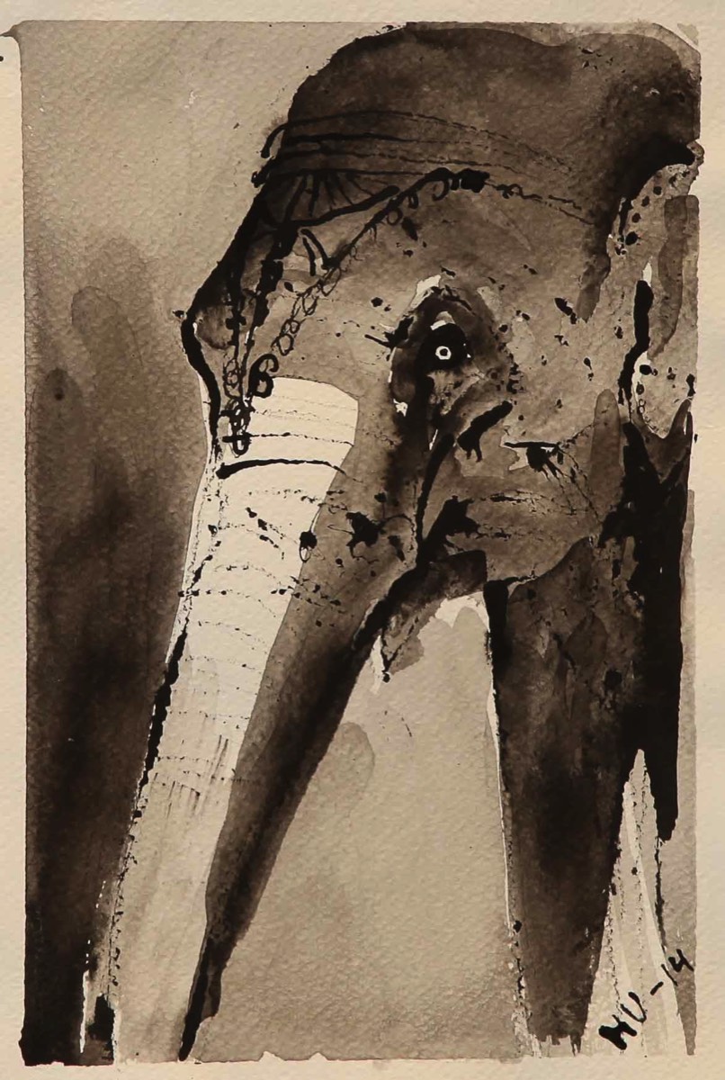 Pyhä elefantti, Den heliga elefanten,T he holy elephant, Aquarelle and ink on paper 39*30cm