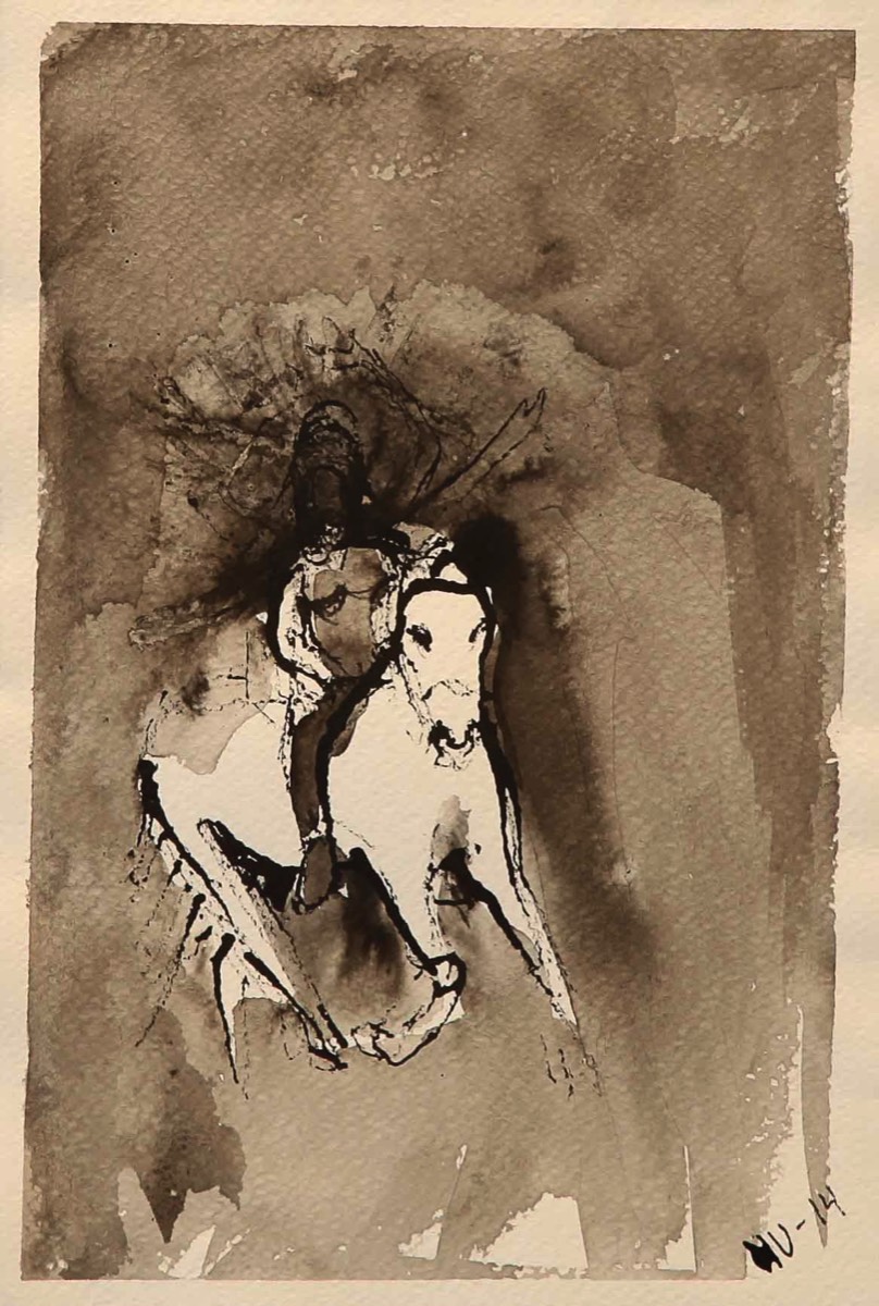 Villi ratsastajatar, Vild ryttarinna, Wild rider, Aquarelle and ink on paper 39*30cm