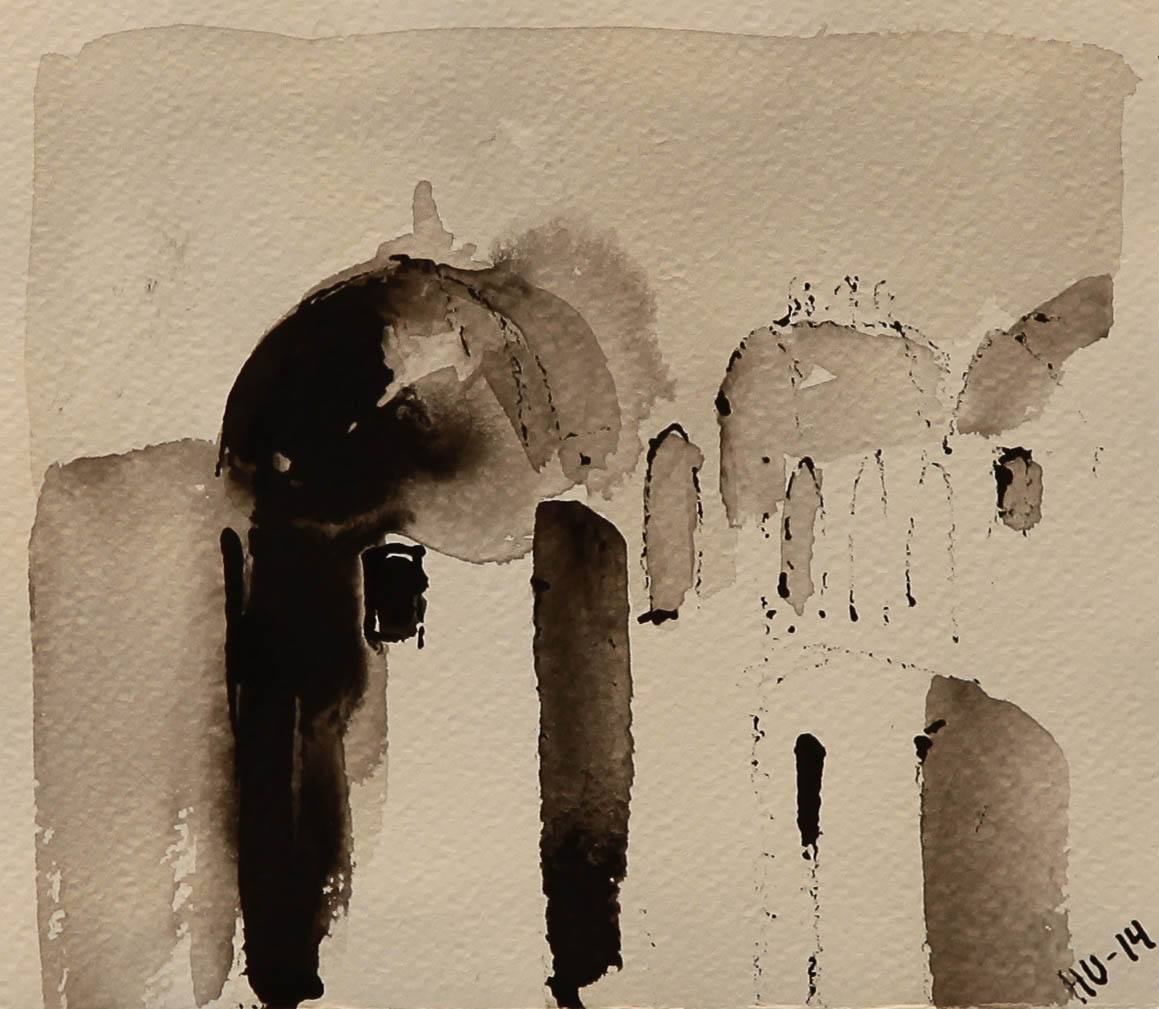 Temppeli, Tempel, The temple, Aquarelle and ink on paper 39*30cm