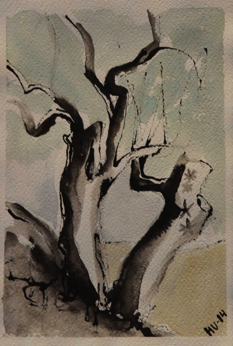 Kaksi puuta, De två träden, Two trees, Aquarelle and ink on paper 39*30cm