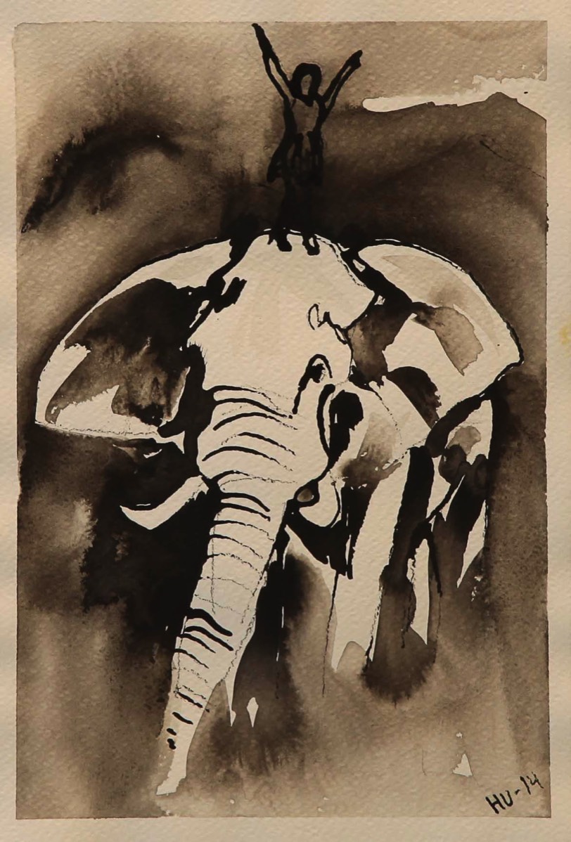 Nainen joka tanssi elefantin kanssa, Kvinnan som dansade med en elefant, The woman who danced with an elephant, Aquarelle and ink on paper 39*30cm