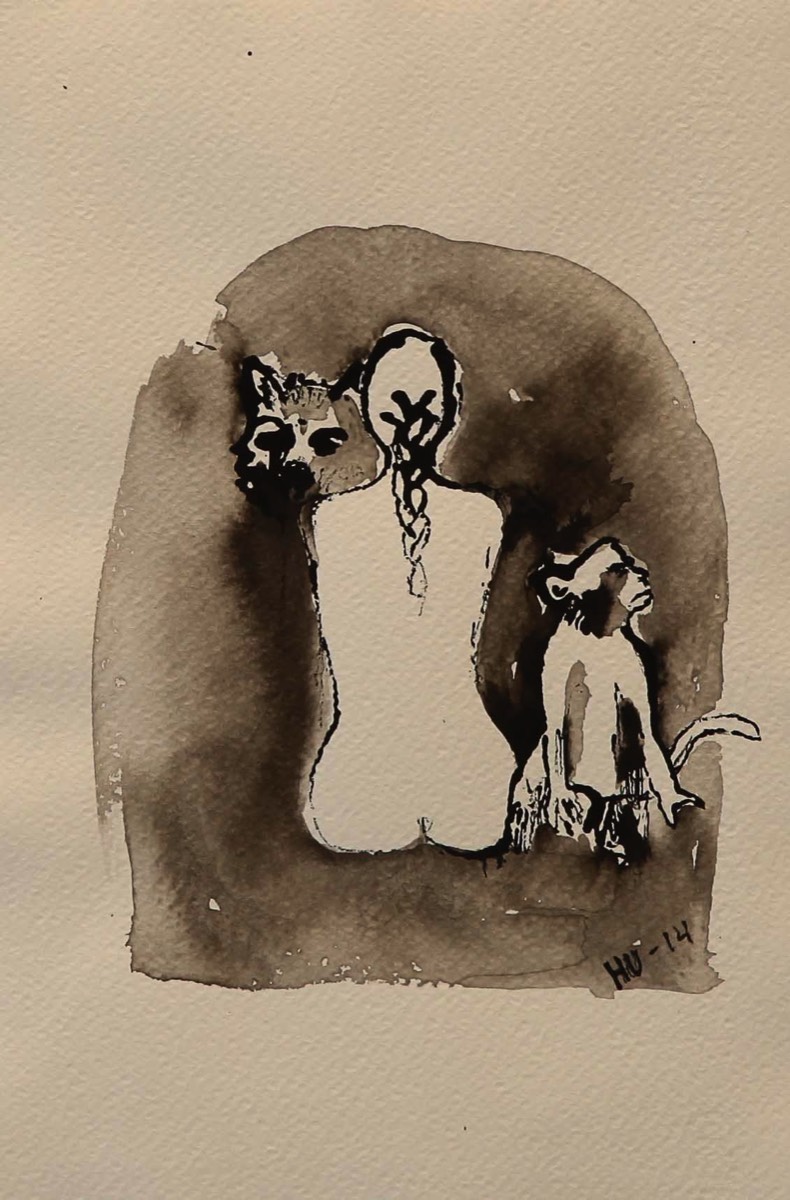 Madonna, huora tai jotakin muuta,Madonna, hora eller något annat,Madonna, whore or something else, Aquarelle and ink on paper 39*30cm