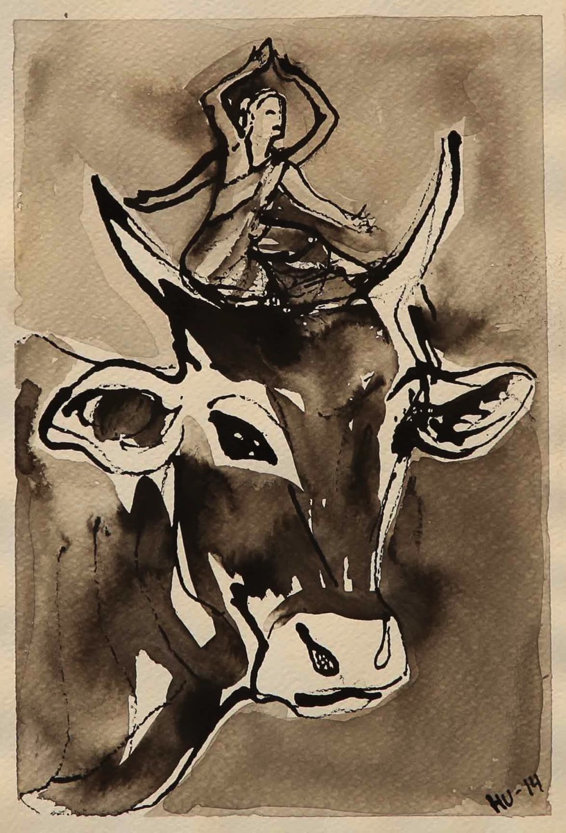 Nainen ja pyhä lehmä, Kvinnan och den heliga kon, The woman and the holy cow, Aquarelle and ink on paper 39*30cm