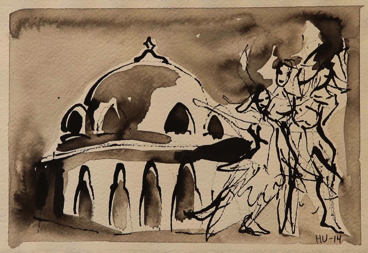 Tanssivat naiset ja temppeli, Dansande kvinnor och tempel, Daning women and the temple, Aquarelle and ink on paper 39*30cm