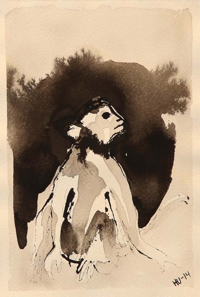 Eksyksissä oleva apina, Den borttappade apan, The lost monkey, Aquarelle and ink on paper 39*30cm