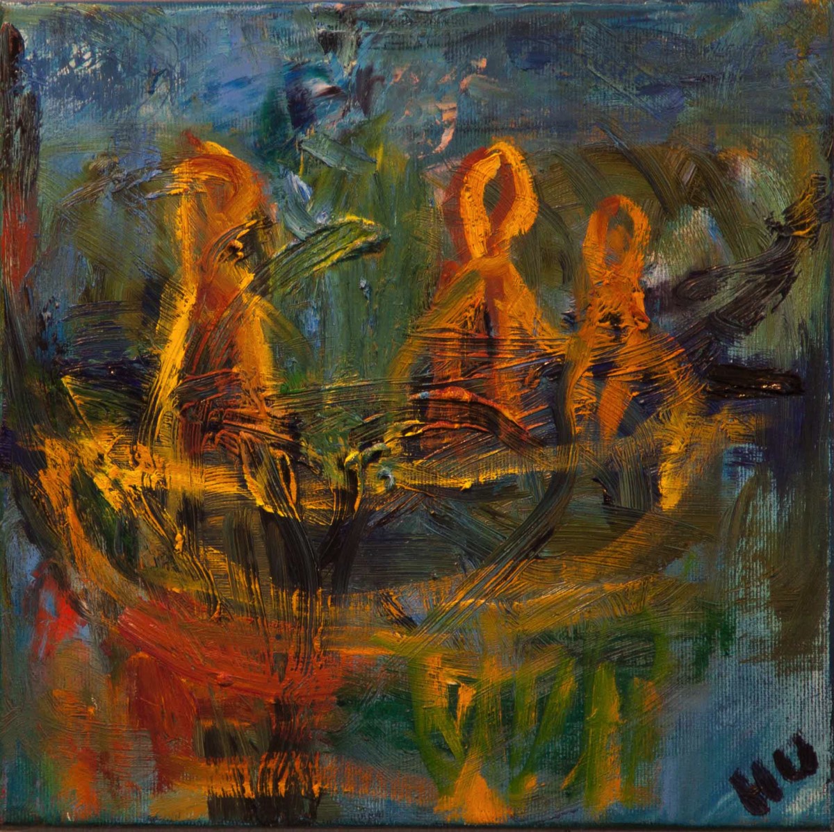 Samassa veneessä,i samma båt, In the same boat, Oil on Canvas, 25*25cm